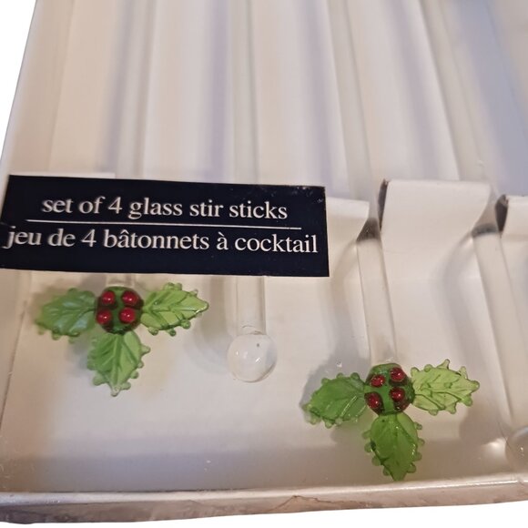 Vintage 2004 Loblaws Christmas Glass Stir Sticks Holly Leaf Green Sealed Set - Picture 7 of 10